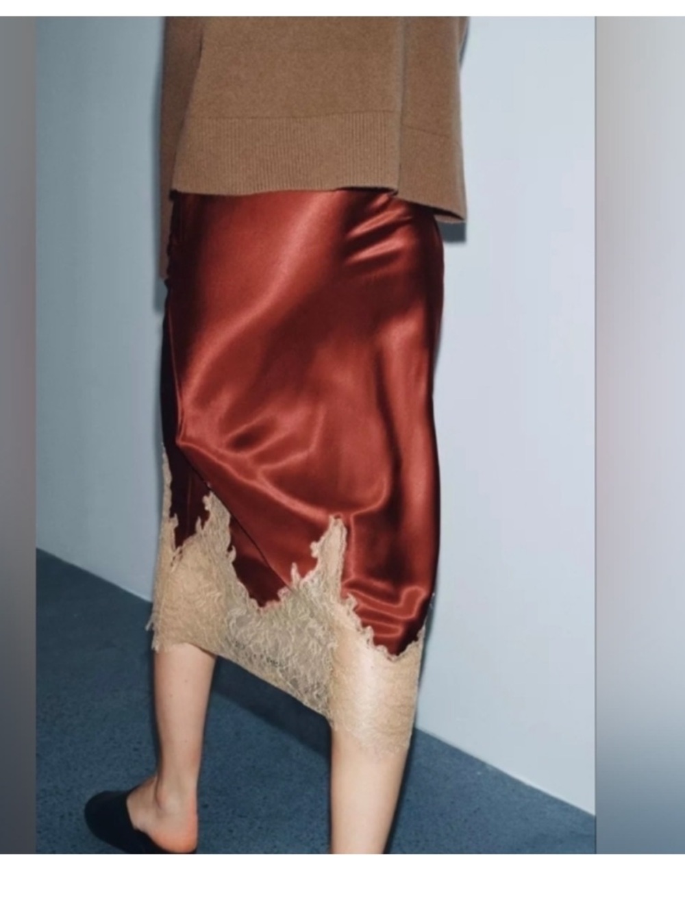 Zara Rust Satin Midi Skirt with Cream Lace Hem - Picture 2 of 10